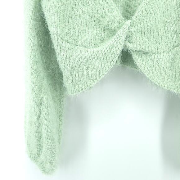 Rebels&Lovers V Neck Fuzzy Twisted Crop Green Eyelash Knit Sweater BellSleeve L - Picture 5 of 13